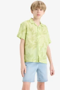 DeFacto Oversize Wide Fit Polo Neck Patterned Viscose Short Sleeve Shirt Boy - Image 3