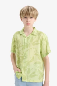 DeFacto Oversize Wide Fit Polo Neck Patterned Viscose Short Sleeve Shirt Boy - Image 4