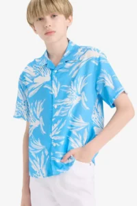 DeFacto Oversize Wide Fit Polo Neck Patterned Viscose Short Sleeve Shirt Boy