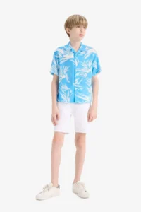 DeFacto Oversize Wide Fit Polo Neck Patterned Viscose Short Sleeve Shirt Boy - Image 2