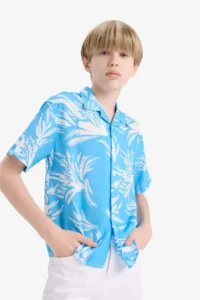 DeFacto Oversize Wide Fit Polo Neck Patterned Viscose Short Sleeve Shirt Boy - Image 3