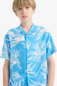 DeFacto Oversize Wide Fit Polo Neck Patterned Viscose Short Sleeve Shirt Boy - Image 4