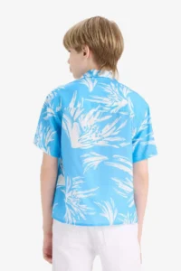 DeFacto Oversize Wide Fit Polo Neck Patterned Viscose Short Sleeve Shirt Boy - Image 6