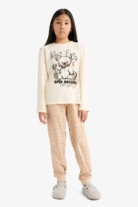 DeFacto Girl's Pajama Set Printed Long Sleeve Top Patterned Long Bottom