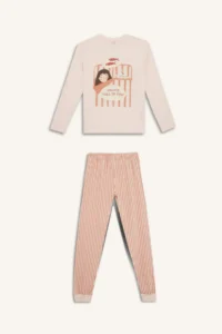 DeFacto Girl's Pajama Set Printed Long Sleeve Top Striped Long Bottom