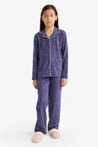 DeFacto 100% Cotton Relax Fit Patterned Elastic Waist Pajama Set Girl Child - Image 2