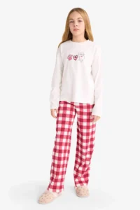 DeFacto Girl's Pajama Set Printed Long Sleeve Top Checked Long Bottom