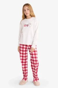DeFacto Girl's Pajama Set Printed Long Sleeve Top Checked Long Bottom - Image 2