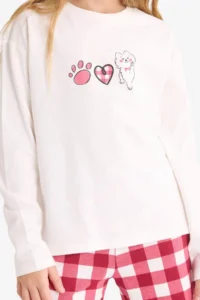 DeFacto Girl's Pajama Set Printed Long Sleeve Top Checked Long Bottom - Image 3