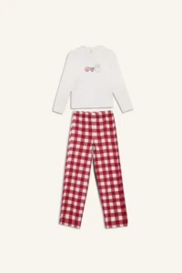 DeFacto Girl's Pajama Set Printed Long Sleeve Top Checked Long Bottom - Image 6