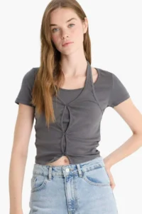 DeFacto Barbell Collar Rib Short Sleeve T-Shirt - Image 3