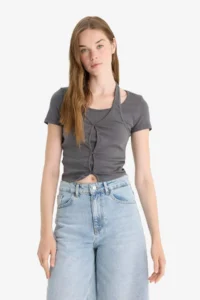 DeFacto Barbell Collar Rib Short Sleeve T-Shirt - Image 5