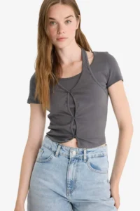 DeFacto Barbell Collar Rib Short Sleeve T-Shirt - Image 6