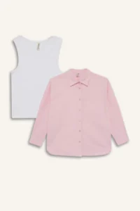DeFacto Girls' 2-Piece Set School Oxford Long Sleeve Shirt T-Shirt - Image 2