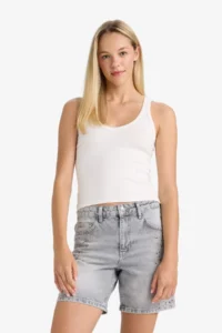 DeFacto 100% Cotton High Waist Jean Bermuda Shorts - Image 3