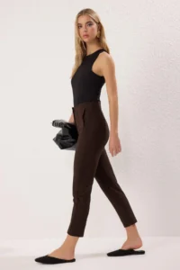 TRENDYOLMİLLA Dark Brown Cigarette Pattern Pensli High Waist Bilek Size Weaving Material  Pants - Image 2