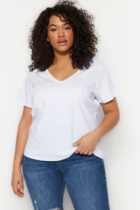 Trendyol Curve Black-White 2 Sets Paket Basic V-neck 100% Cotton Knitting Plus Size T-Shirt - Image 3