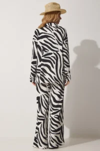 Happiness İstanbul Women's Black and White Patterned Viscose Shirt and Trousers Set - Image 2