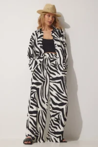 Happiness İstanbul Women's Black and White Patterned Viscose Shirt and Trousers Set - Image 5
