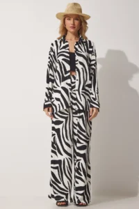 Happiness İstanbul Women's Black and White Patterned Viscose Shirt and Trousers Set - Image 8