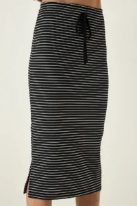 Happiness İstanbul Women's Black Striped Slit Saran Knitted Skirt - Image 5