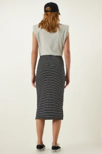 Happiness İstanbul Women's Black Striped Slit Saran Knitted Skirt - Image 7