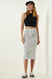 Happiness İstanbul Women's White Striped Slit Saran Knitted Skirt - Image 2