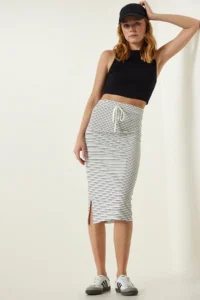 Happiness İstanbul Women's White Striped Slit Saran Knitted Skirt - Image 6