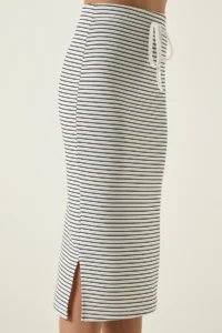 Happiness İstanbul Women's White Striped Slit Saran Knitted Skirt - Image 7