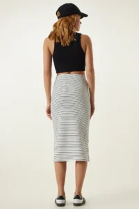 Happiness İstanbul Women's White Striped Slit Saran Knitted Skirt - Image 9