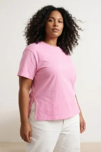 Trendyol Curve Pink relaxed Crew Neck slit 100% Cotton Knitting T-Shirt - Image 4