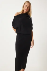 Happiness İstanbul Women's Black One-Shoulder Blouse Knitwear Skirt Suit - Image 2