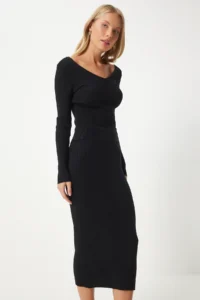 Happiness İstanbul Women Black Ribbed Blouse Knitwear Skirt Set - Image 2