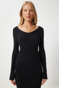 Happiness İstanbul Women Black Ribbed Blouse Knitwear Skirt Set - Image 4