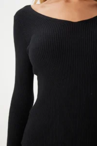 Happiness İstanbul Women Black Ribbed Blouse Knitwear Skirt Set - Image 5
