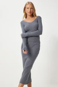 Happiness İstanbul Women Gray Ribbed Blouse Knitwear Skirt Set - Image 2
