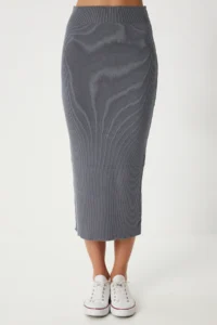 Happiness İstanbul Women Gray Ribbed Blouse Knitwear Skirt Set - Image 6