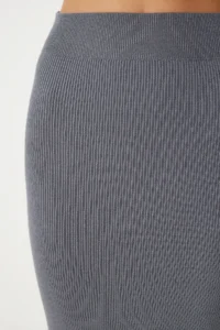 Happiness İstanbul Women Gray Ribbed Blouse Knitwear Skirt Set - Image 7