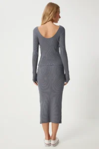Happiness İstanbul Women Gray Ribbed Blouse Knitwear Skirt Set - Image 8