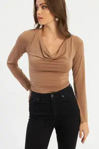 Cool & Sexy Women Camel Off-Shoulder Neck Shirred Blouse - Image 3
