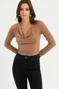 Cool & Sexy Women Camel Off-Shoulder Neck Shirred Blouse - Image 4