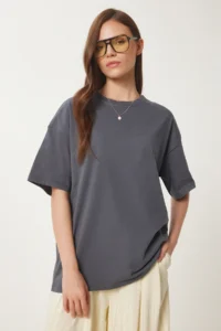 Happiness İstanbul Women Smoke Gray Oversized Basic Knitting T-shirt - Image 2