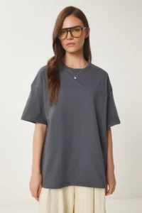 Happiness İstanbul Women Smoke Gray Oversized Basic Knitting T-shirt - Image 3