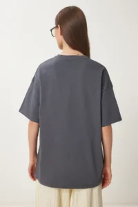 Happiness İstanbul Women Smoke Gray Oversized Basic Knitting T-shirt - Image 5