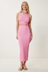Happiness İstanbul Women Pink textured Summer Blouse Skirt Set