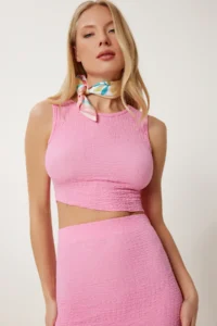 Happiness İstanbul Women Pink textured Summer Blouse Skirt Set - Image 2