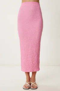 Happiness İstanbul Women Pink textured Summer Blouse Skirt Set - Image 4