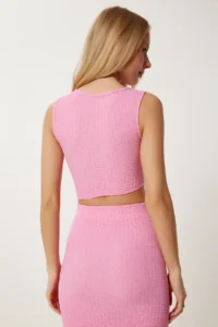 Happiness İstanbul Women Pink textured Summer Blouse Skirt Set - Image 5