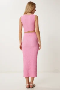 Happiness İstanbul Women Pink textured Summer Blouse Skirt Set - Image 7