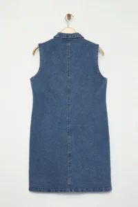 Trendyol Curve Light Blue Shirt Collar with pocket Middle Flexible Plus Size denim Dress - Image 8